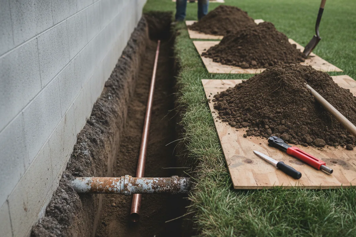 Excavated water line trench during Sewer Line Repair in Theresa